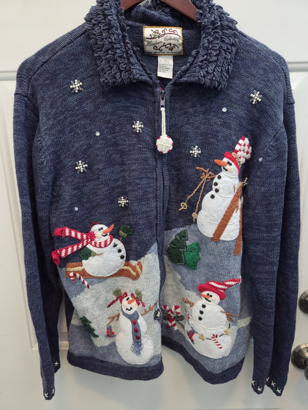 Women's Navy Snowman Zip-Front Holiday Cardigan Sweater